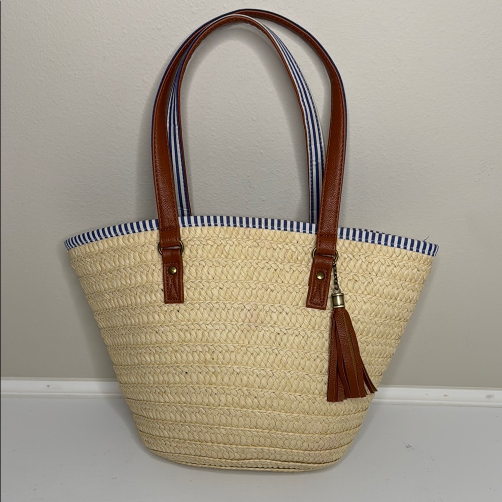 SorneanTan Brown Straw Striped Beach Resort Summer Nautical Preppy Tote Bag
